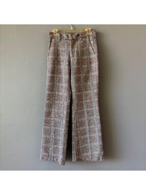 Vintage 70s Mann Flare Leg Plaid Trousers Size 30x30 Tweed Turquoise Fleck Pants